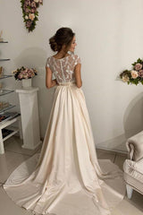 Champagne Prom Dress Lace Satin Long Formal Gown Evening Dress