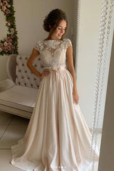 Champagne Prom Dress Lace Satin Long Formal Gown Evening Dress