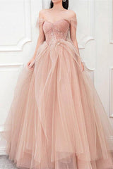 Champagne Prom Dress Off the Shoulder Tulle Lace Long Formal Evening Dress