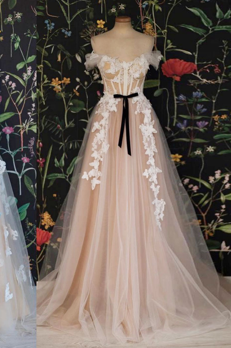 Champagne Prom Dress Off the Shoulder Tulle Lace Long Formal Evening Dress