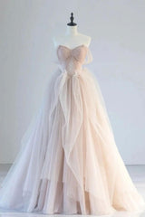 Champagne Prom Dress Off the Shoulder Tulle Lace Long Formal Evening Dress