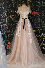 Champagne Prom Dress Off the Shoulder Tulle Lace Long Formal Evening Dress