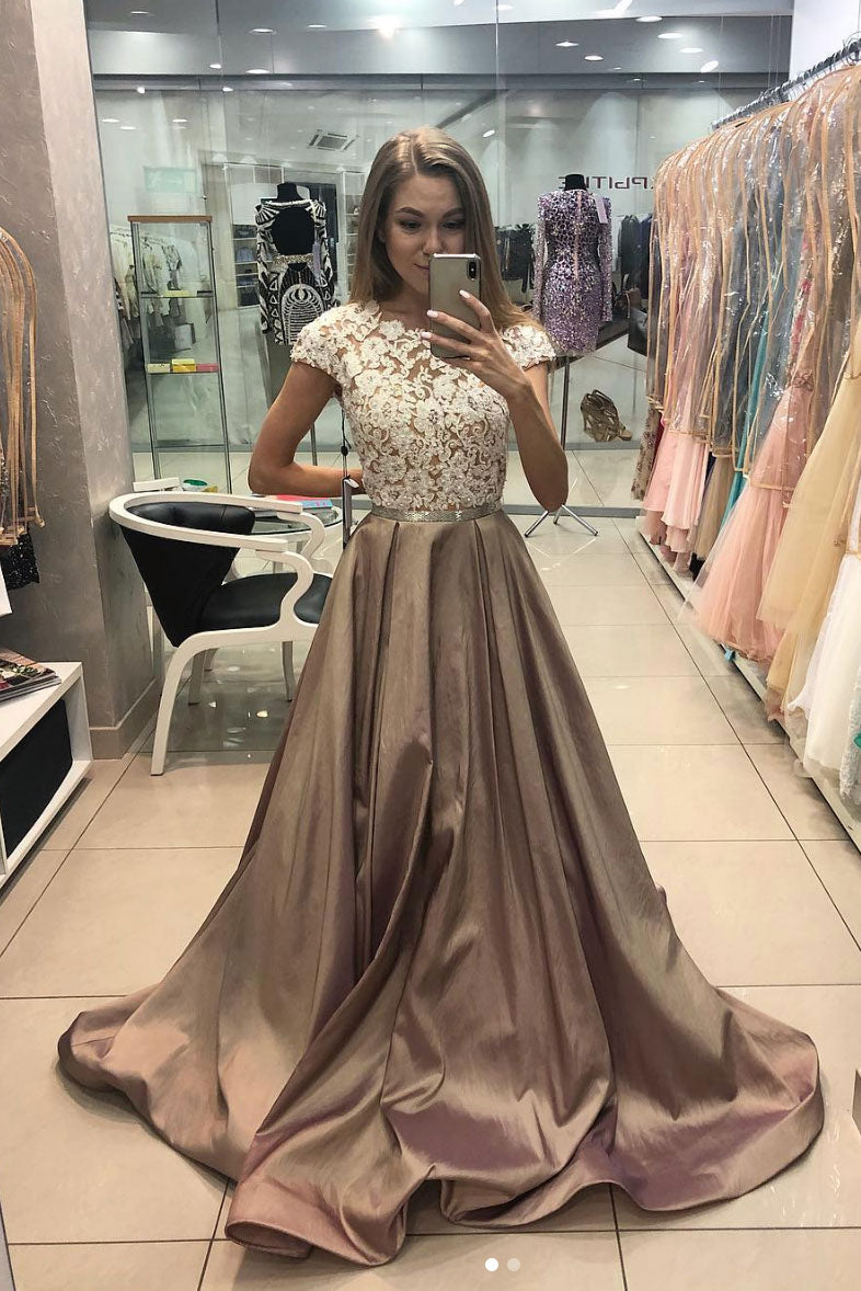 Champagne Prom Dress Satin Lace Long Formal Gown Evening Dress