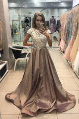 Champagne Prom Dress Satin Lace Long Formal Gown Evening Dress