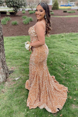 Champagne Prom Dress Spaghetti Straps Sequins Mermaid Evening Dress