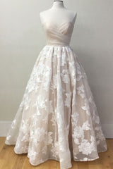 Champagne Prom Dress Sweetheart Lace Tulle Long Evening Dress