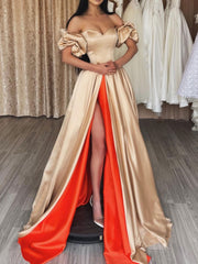 Champagne Prom Dress Sweetheart Neck Satin Long Evening Dress