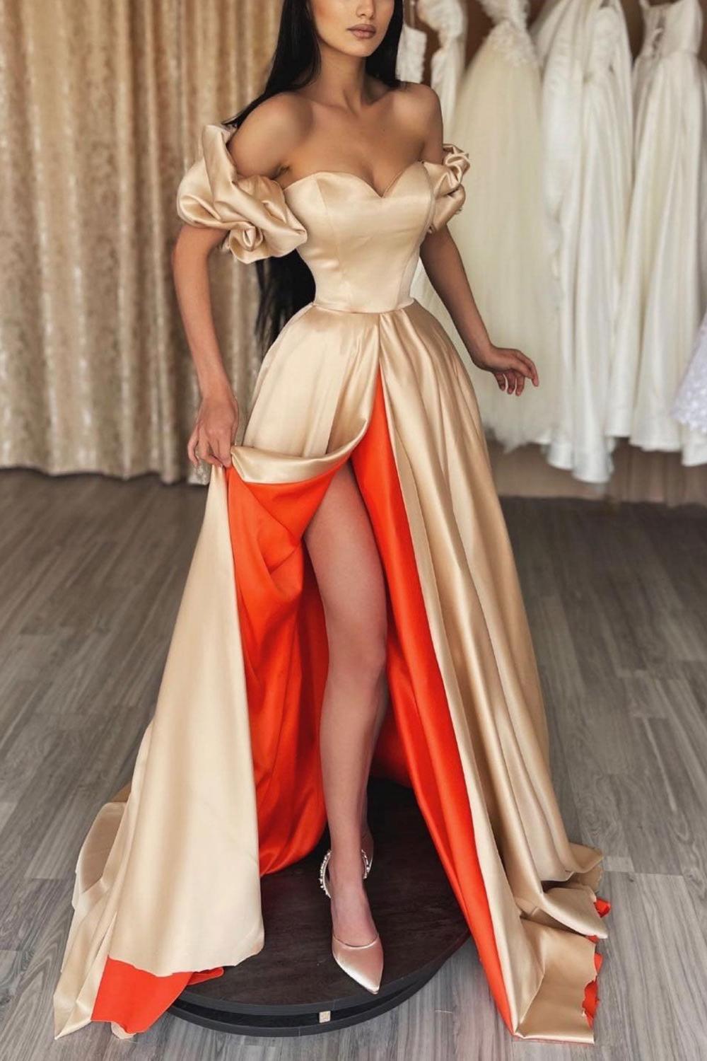 Champagne Prom Dress Sweetheart Neck Satin Long Evening Dress