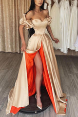 Champagne Prom Dress Sweetheart Neck Satin Long Evening Dress