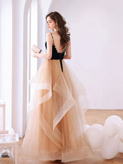 Champagne Prom Dress Sweetheart Neck Tulle Long Backless Formal Gown Evening Dress