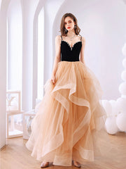 Champagne Prom Dress Sweetheart Neck Tulle Long Backless Formal Gown Evening Dress