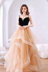 Champagne Prom Dress Sweetheart Neck Tulle Long Backless Formal Gown Evening Dress