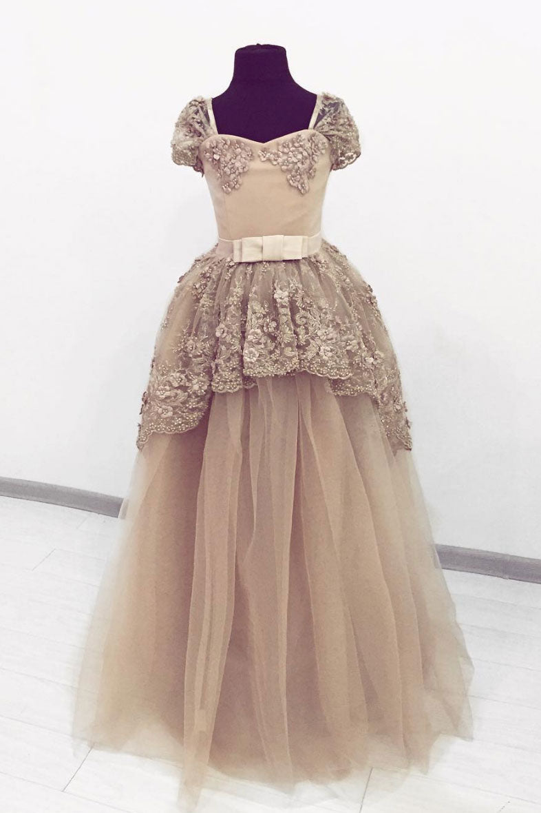 Champagne Prom Dress Sweetheart Tulle Lace Long Evening Dress