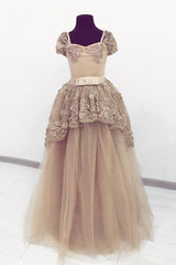 Champagne Prom Dress Sweetheart Tulle Lace Long Evening Dress