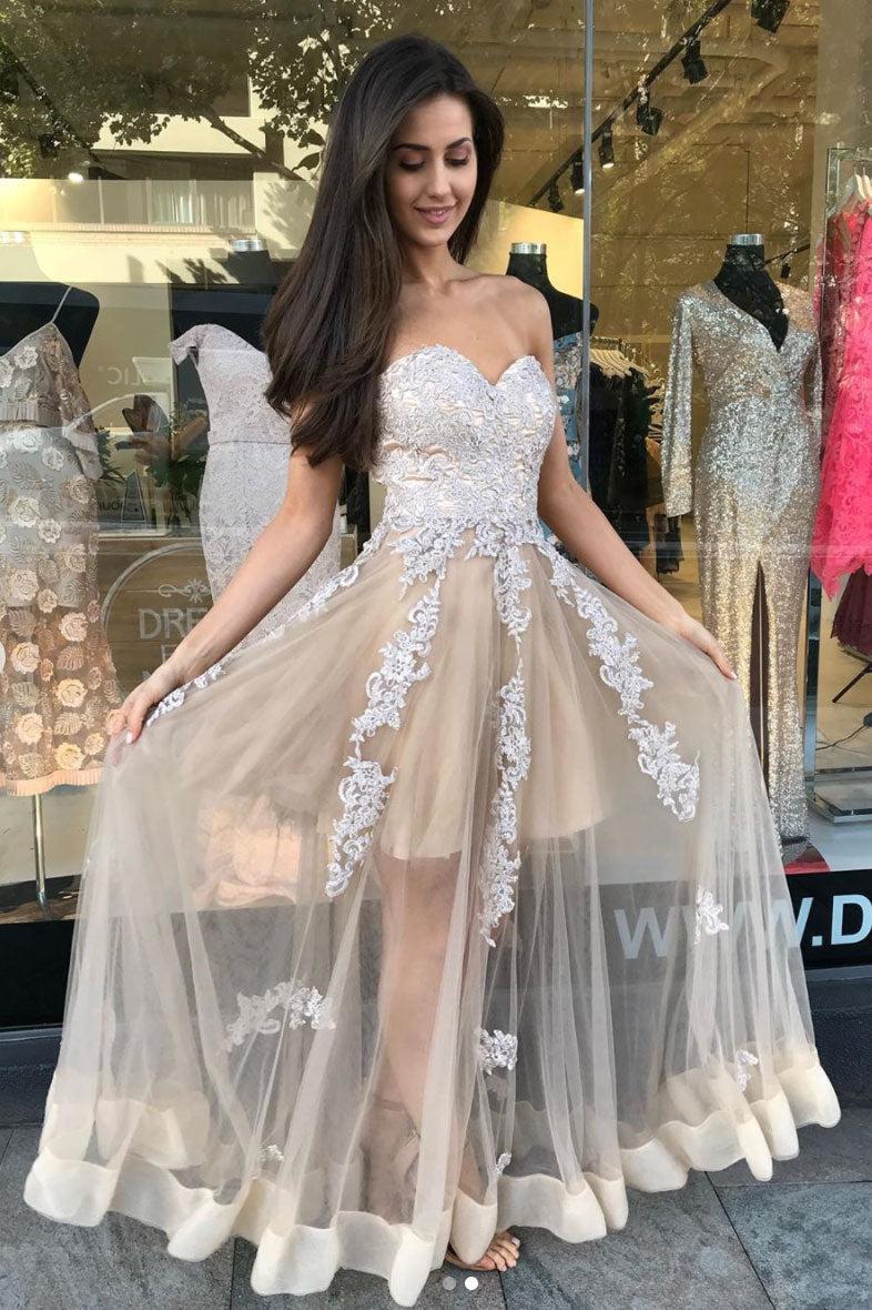 Champagne Prom Dress Sweetheart Tulle Lace Long Formal Dress Evening Dress