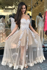 Champagne Prom Dress Sweetheart Tulle Lace Long Formal Dress Evening Dress
