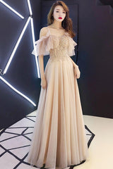Champagne Prom Dress Sweetheart Tulle Lace Long Formal Gown Evening Dress
