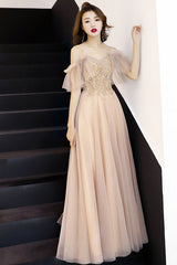 Champagne Prom Dress Sweetheart Tulle Lace Long Formal Gown Evening Dress