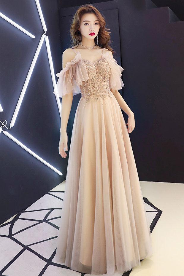 Champagne Prom Dress Sweetheart Tulle Lace Long Formal Gown Evening Dress