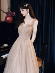 Champagne Prom Dress Tulle Beaded A Line Long Evening Dress