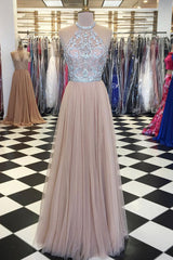 Champagne Prom Dress Tulle Beaded Long Formal Gown Evening Dress