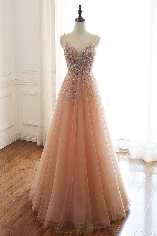 Champagne Prom Dress Tulle Beaded Sequin Long Formal Evening Dress