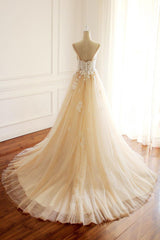 Champagne Prom Dress Tulle Lace Appliques Long Evening Dress