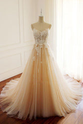 Champagne Prom Dress Tulle Lace Appliques Long Evening Dress