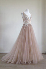 Champagne Prom Dress Tulle Lace Appliques Long Formal Evening Dress