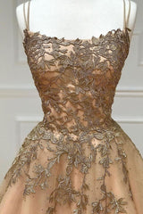 Champagne Prom Dress Tulle Lace Long Backless Graduation Dress Evening Dress