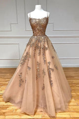 Champagne Prom Dress Tulle Lace Long Backless Graduation Dress Evening Dress