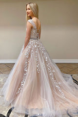 Champagne Prom Dress Tulle Lace Long Evening Dress