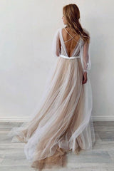 Champagne Prom Dress Tulle Lace Long Evening Dress