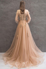Champagne Prom Dress Tulle Lace Long Evening Dress