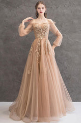 Champagne Prom Dress Tulle Lace Long Evening Dress