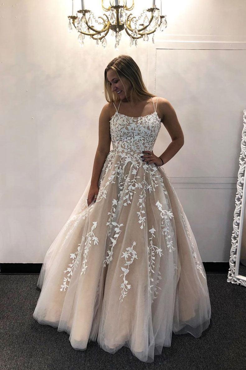 Champagne Prom Dress Tulle Lace Long Evening Dress