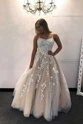 Champagne Prom Dress Tulle Lace Long Evening Dress