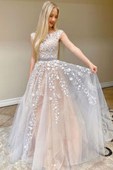 Champagne Prom Dress Tulle Lace Long Evening Dress