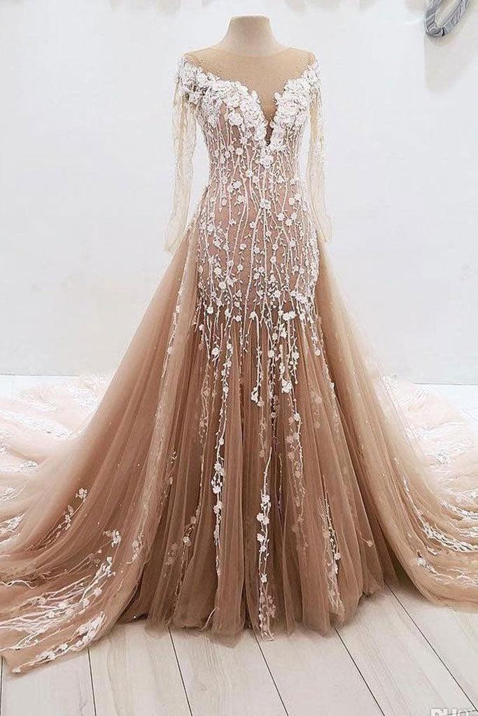 Champagne Prom Dress Tulle Lace Long Evening Dress