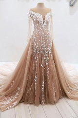 Champagne Prom Dress Tulle Lace Long Evening Dress