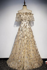 Champagne Prom Dress Tulle Lace Long Evening Dress
