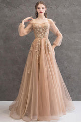 Champagne Prom Dress Tulle Lace Long Evening Dress