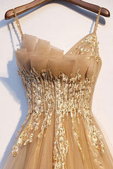 Champagne Prom Dress Tulle Lace Long Formal Dress Evening Dress
