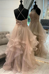 Champagne Prom Dress Tulle Lace Long Formal Dress Evening Dress