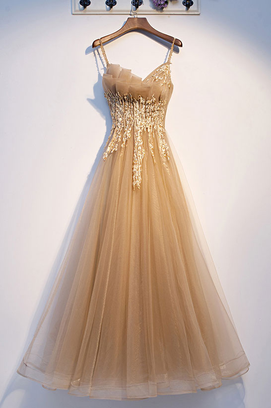 Champagne Prom Dress Tulle Lace Long Formal Dress Evening Dress