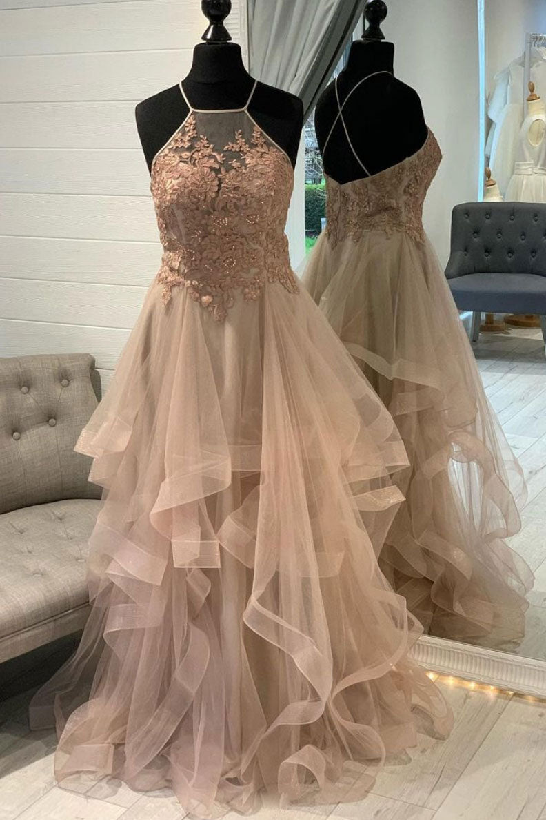 Champagne Prom Dress Tulle Lace Long Formal Dress Evening Dress
