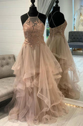 Champagne Prom Dress Tulle Lace Long Formal Dress Evening Dress