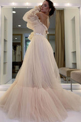 Champagne Prom Dress Tulle Lace Long Formal Evening Dress