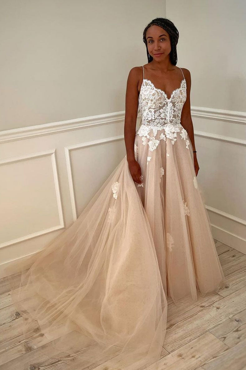 Champagne Prom Dress Tulle Lace Long Formal Evening Dress