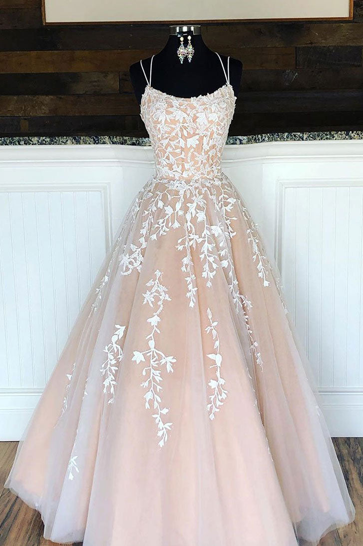 Champagne Prom Dress Tulle Lace Long Formal Evening Dress